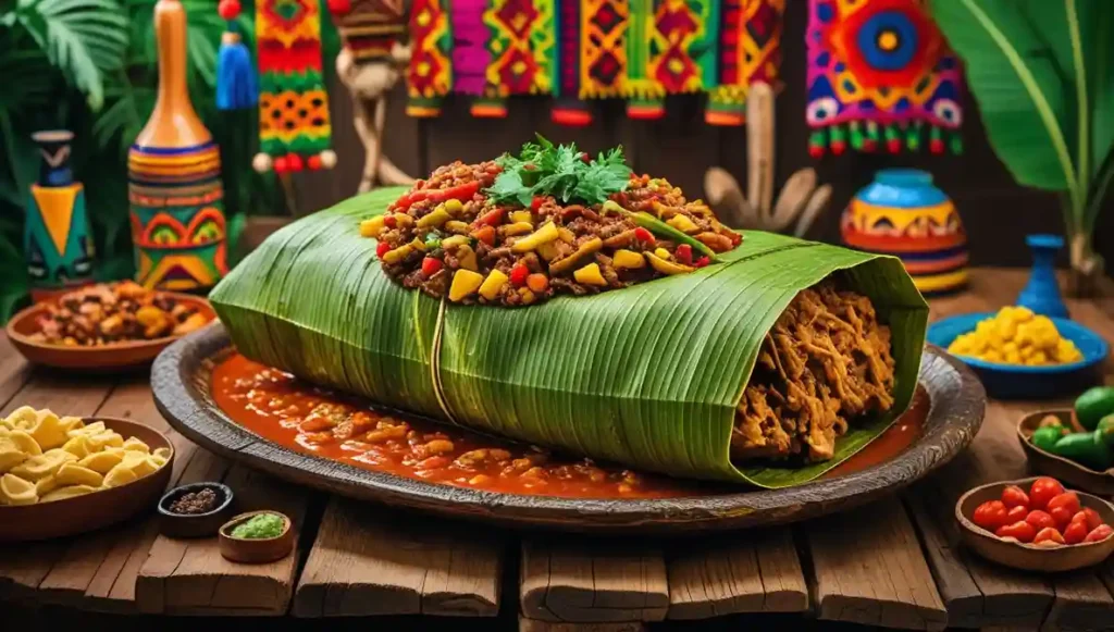 A vibrant scene depicting a traditional Zacahuil, a giant tamale wrapped in banana leaves, served on a rustic wooden table. The background showcases elements of the Huasteca Potosina region, such as lush tropical vegetation, colorful cultural patterns, and indigenous artifacts. This iconic dish represents the rich culinary heritage of the Nahuatl-speaking people, symbolizing unity and abundance during festive gatherings. The banana leaf wrapping emphasizes the tropical climate and agricultural traditions of the region.